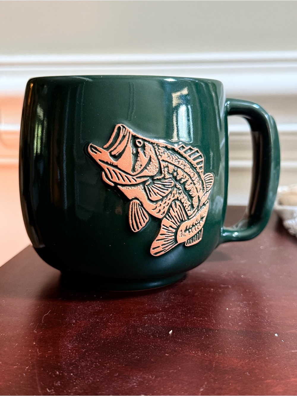 Frankoma Oklahoma Pottery Bass Fish Dark green Coffee Mug 4”x4”